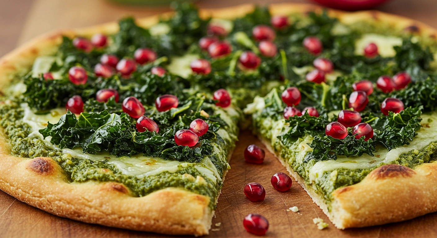 Kale & Pomegranate Pizza with Creamy Pesto Sauce - secondary view